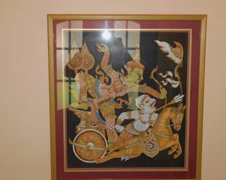 Vintage Framed Thai Silk screen Print With Hand Painted Warriors