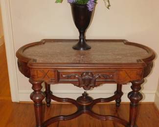 Antique Victorian Marble Top Center Hall Table & Brass Urn