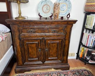 Console cabinet by hooker with layered distressed finish 