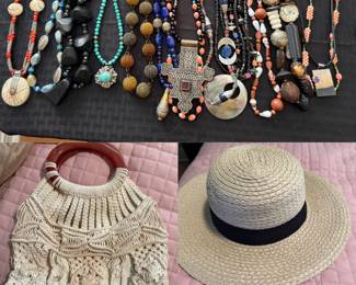 Vintage Macreme Purse, H and M hat, artisan jewelry 