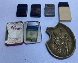 Vintage Lighters And Brass Ashtray 