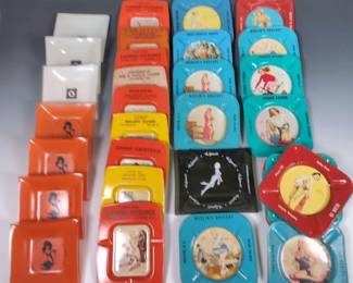 Playboy Glass with Tin Lithograph Risque Ashtrays, Vintage 