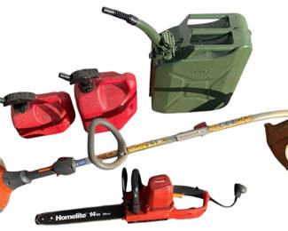 Husqvqrna Trimmer, Homelite 14 Chainsaw, Plus Gas Cans