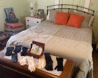 Queen size bed, Vintage gloves. Blanket chest 