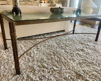 McGuire console, Heavy iron base w/ thick inset glass,   verde coated finish. 