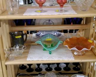 Cranberry glass vases, Carnival glass items, etc.