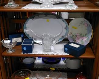 Serving pieces, Shannon glassware, pink depression glass, etc.