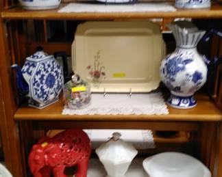 blue and white ceramic pieces, etc.