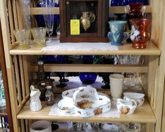 Steeple clock made in Suffolk, American Art pottery, porcelain and glass items.