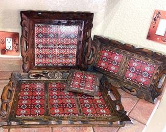 Vintage Mexican Carved Wood Tile Trays Trivet