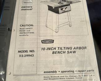 Sears Craftsman 10" Bench Saw – Model Number 113.29943

