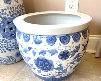 Blue and white fish bowl planter