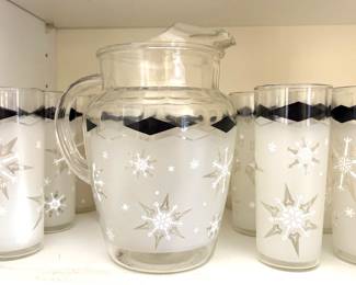 Anchor Hocking diamond and snowflake pitcher and glasses