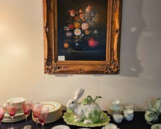 Six cranberry stems, Fitz & Floyd rabbit tureen, large vintage floral painting