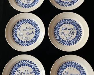  Delftware "Merry Man" set of six motto plates  popular from 1700 to 1750s  in middle class English homes. This is an assembled set of plates made between 1727 and 1739. Possibly Bristol kilns. Rare.