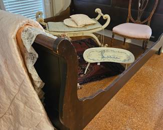 King sleigh bed frame, full size pink satin and lace comforter, 1940s window seat and bed tray, early 19th century Hepplewhite chair 