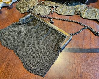 Mesh handbag with sterling frame. Marked.