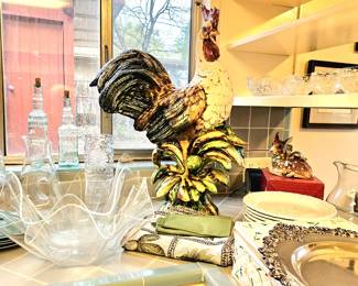 Two "handkerchief" shape  Lucite salad bowls, extra large rooster. Sterling tray lower right