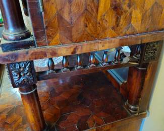 Chevron veneer above and basket weave veneer on sides of base