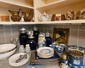 Coalport country cabbage plates, motto plates, large nesting Russian dolls, Wedgwood muffineer and biscuit barrell, cobalt glass cannisters