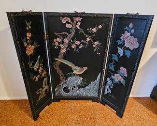 Fireplace screen  of black lacquer . Cherry blossoms on center panel.