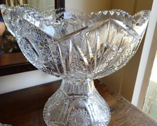 Cut glass punch bowl on pedestal. Signed J Hoare