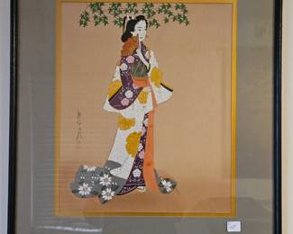 20th century painting of of a Geisha with 24k highlights
