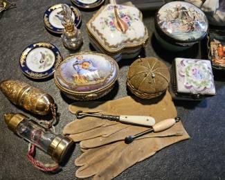 Two needle cases  miniature gloves and button hooks, 19th century Limoges patch boxes  Battesea box, miniature Russian box and pin cushion. Doll house size.