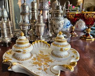 Porcelain ink stand with both liners. 22kt gold