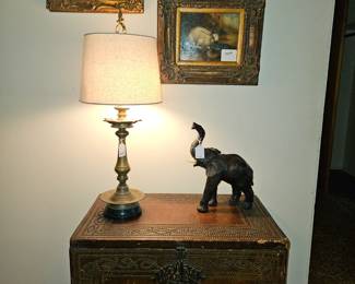 Leather elephant, two decorative pictures, heavy brass lamp