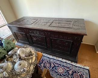 Large coffer ( chest) early 18th century, Earl of Cardigan, Sir Thomas Brudenell, Deene Park, Northamptonshire, UK.
6'7" L x 32"H x 28" W.  With Key and family research notes.