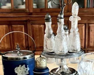 Older Wedgwood humidor or biscuit barrell and muffineer, Hawkes glass and coin silver castor set.