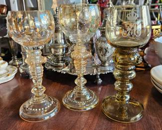 Blown glass wine glasses with hand painted design or wheel etching. Sold individually.