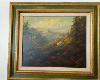 Oil on canvas of horses in a mountainous meadow. No signature noted as of this writing.