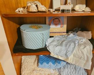 1940s satin shoes, baby clothes, sewing box