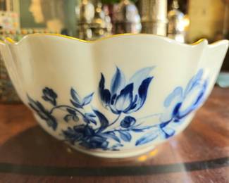 Meissen bowl with crest and monogram. Crossed swords mark. Vegetable or centerpiece size.