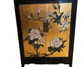 Chinese Black Lacquered Cabinet with Gold Inlay on all 4 sides and top. 23” W x 29”H x 20” D