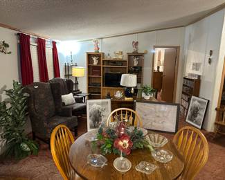 Entertainment Center, Lamps, Wingback Chairs, Oak Table and 4 Chairs, Angel Figurines, Lamps 