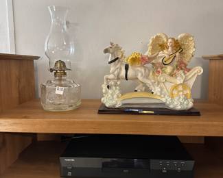 Vintage Kerosine Lamp $10. Angel on Chariot $20