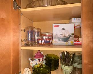 Green glass bowls, Egg Coddlers, House Teapot