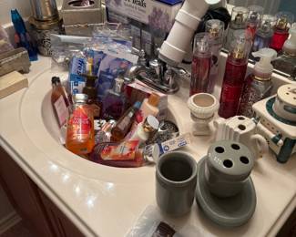 Guest Bath Upstairs- Bath and Body works (soaps, sprays, & lotions), toothbrushes, bathroom accessories, Dr Teals Kit, Tissue Box Covers and more