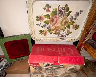Tole painted tv trays, set of Christmas Dishes, Chargers