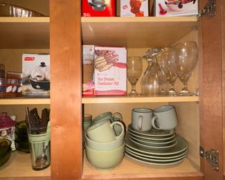 Green Dishes with matching silverware and glasses, Ice Cream Containers and other new in packaging items 