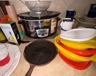 Bella Slow Cooker, Cast iron Pan, Tupperware bowls