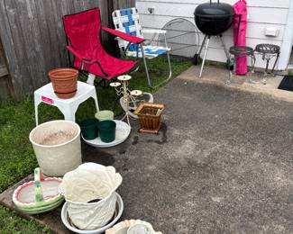 Planters, folding Chairs, Charcoal Grill