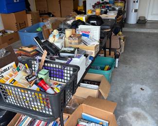 Garage Full of Holiday, books, school and office supplies, tools, Candles, toys, small furniture, plant stands, weights, medical and much more