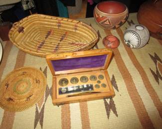 Native baskets, Navajo rugs, SW pottery and scale weights