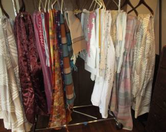 Antique and mid century linens and textiles including drapery