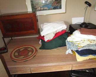 Antique and mid century linens and textiles including drapery