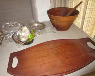Mid Century wood tray with salad bowl